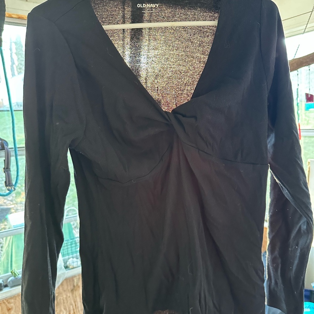 Old Navy Black V-Neck Long Sleeve Twist-Front Top